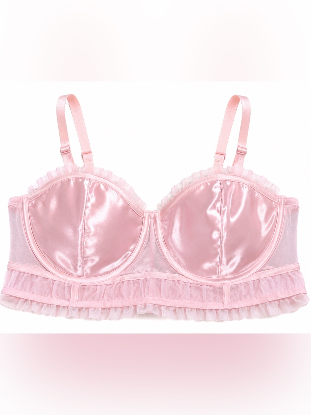 Auden Pink Satin Longline Bra with Ruffle Trim